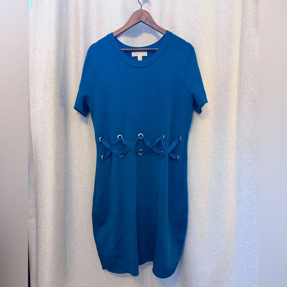 Michael Kors Blue Sheath Mini Dress Short Sleeve Crew Neck - Picture 2 of 10